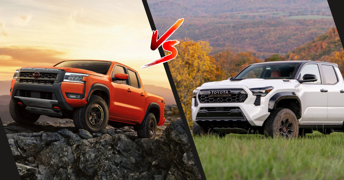 a picture of a 2025 Nissan Frontier on a rocky hill next to a picture of a 2025 Toyota Tacoma in the grass
